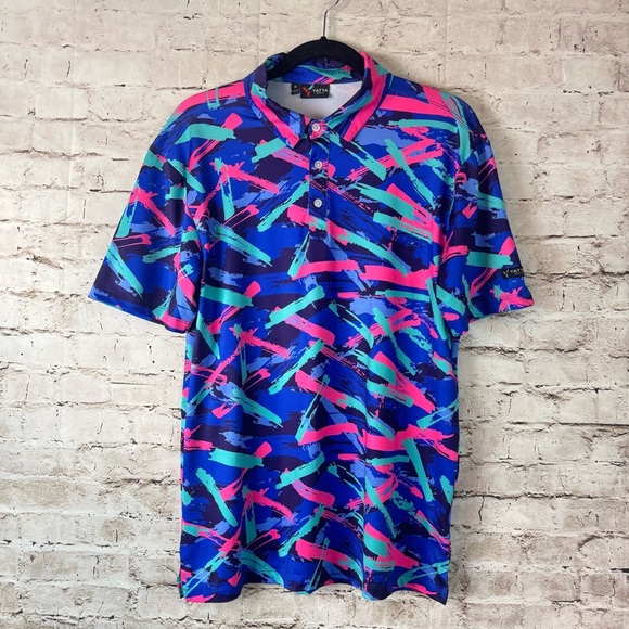 YATTA Golf Mens 8-Track Polo Medium Short Sleeve Abstract Blue Neon Pink Stretch - Picture 1 of 9